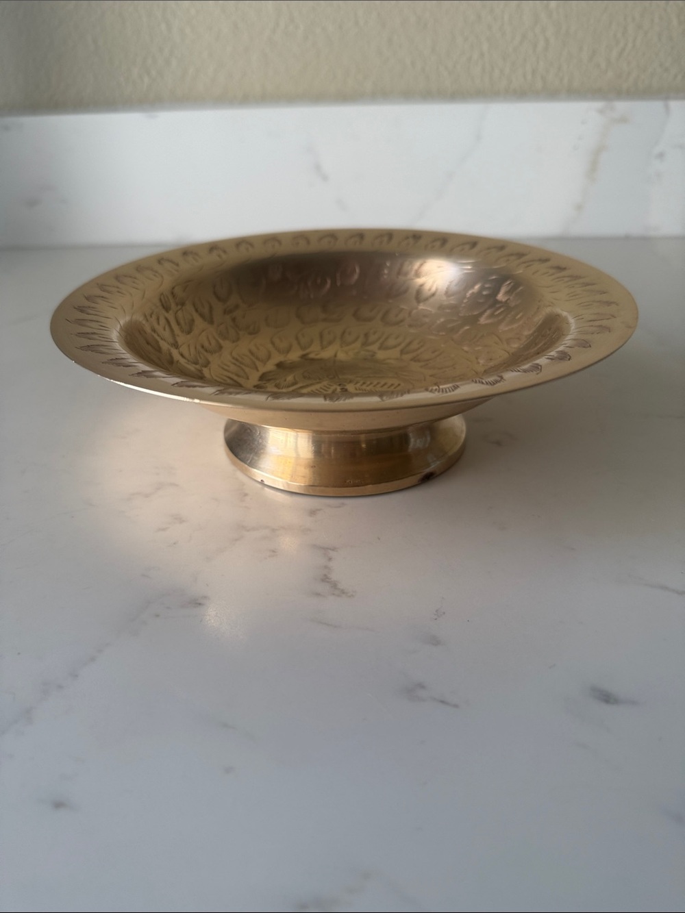 Vintage Etched Brass Bowl Short Pedestal
